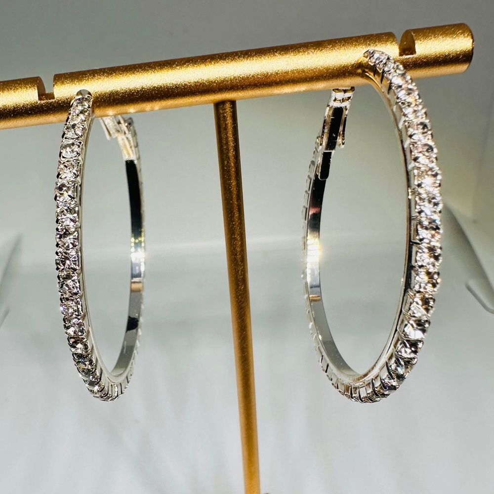 Silver Rhinestone Hoop Earrings 40mm Sparkly Statement Hoops